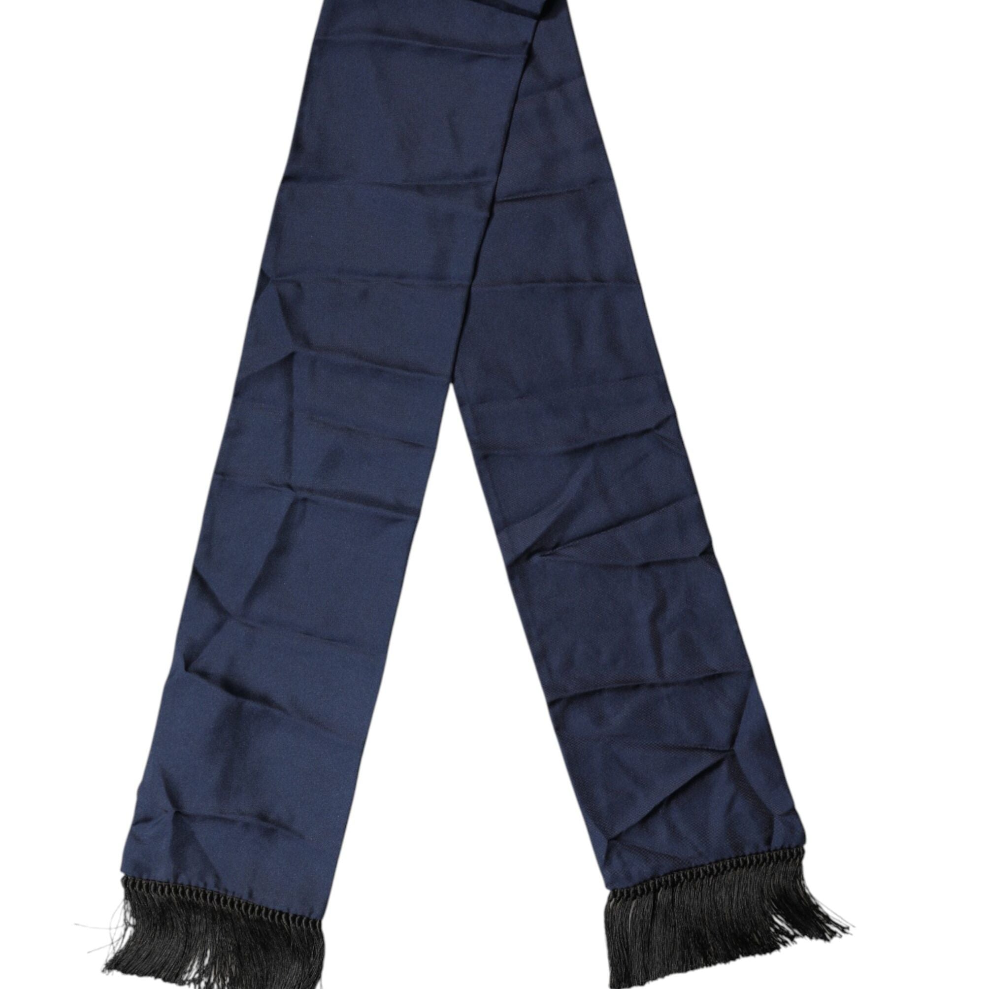 Dolce & Gabbana Navy Blue Silk Fringes Neck Foulard Scarf