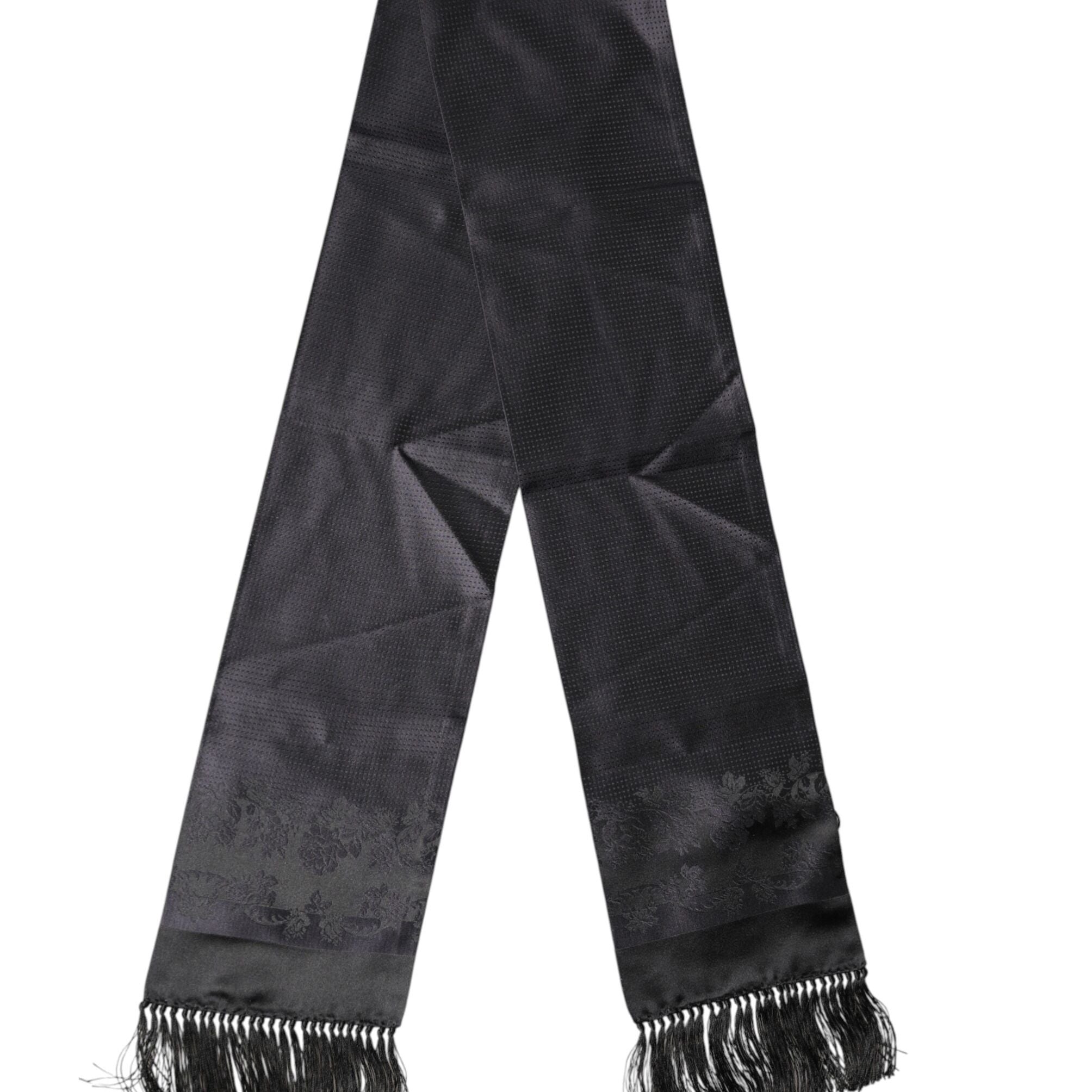 Dolce & Gabbana Black Satin Silk Fringes Neck Foulard Scarf