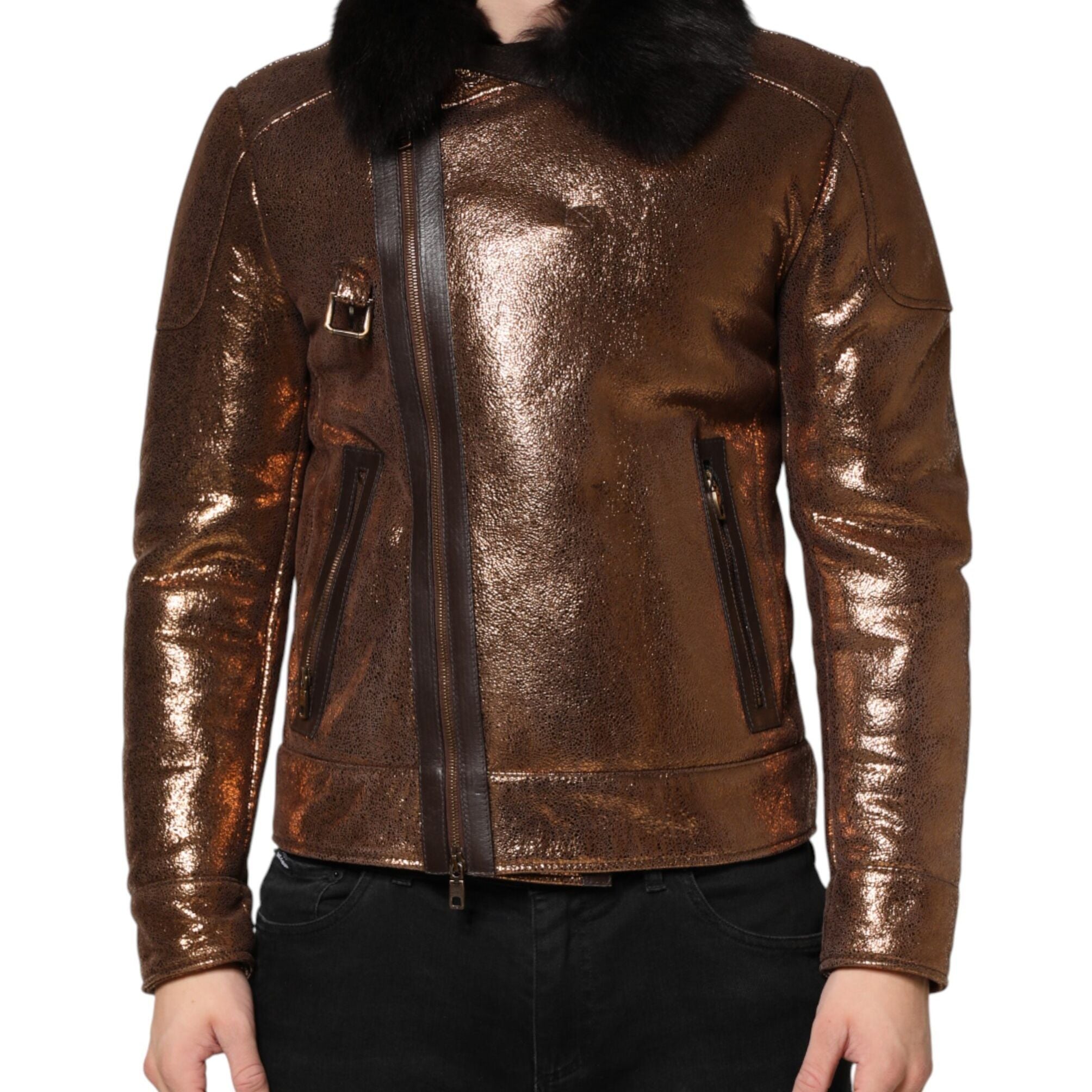 Dolce & Gabbana Bronze Leather Fur Full Zip Men Biker Jacket