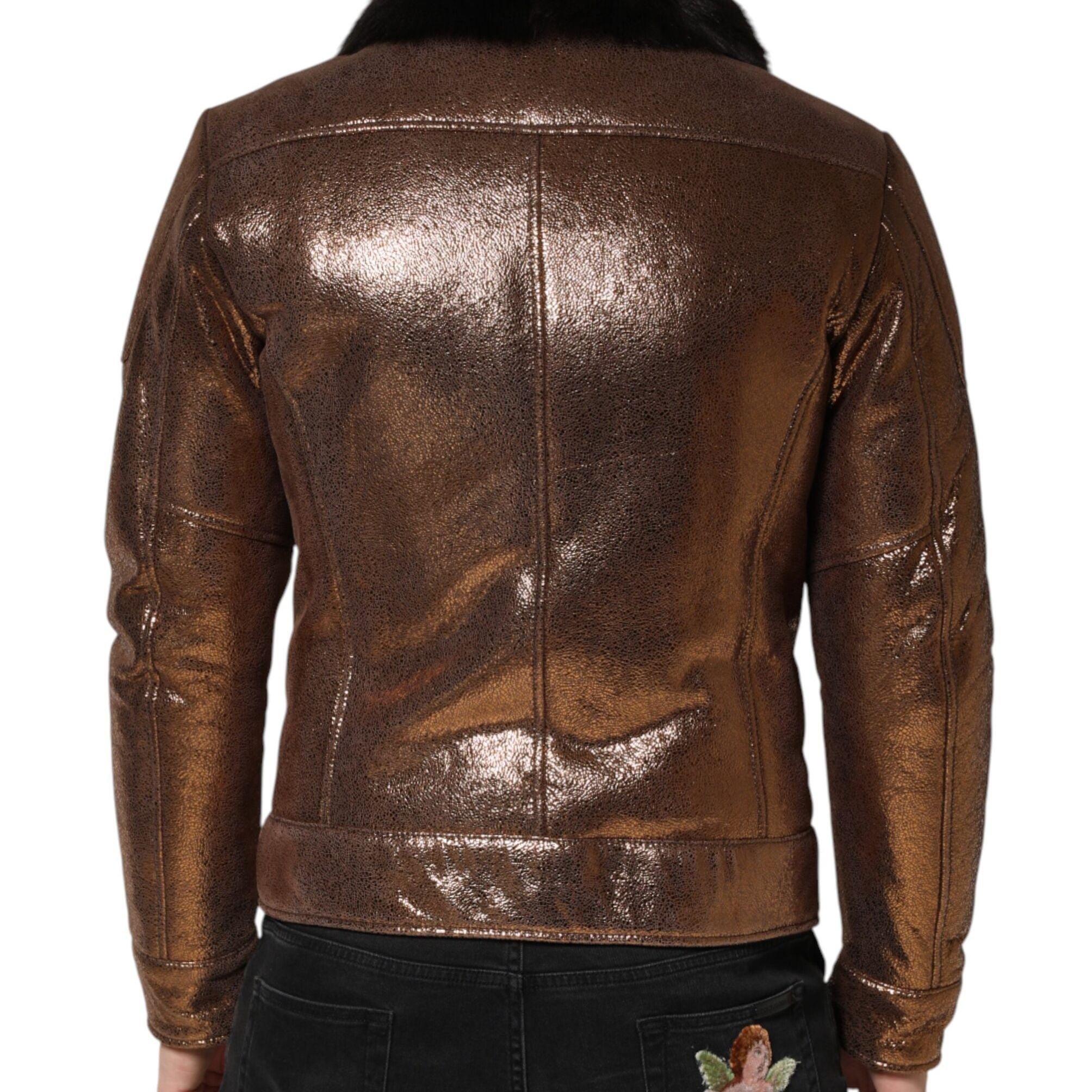 Dolce & Gabbana Bronze Leather Fur Full Zip Men Biker Jacket