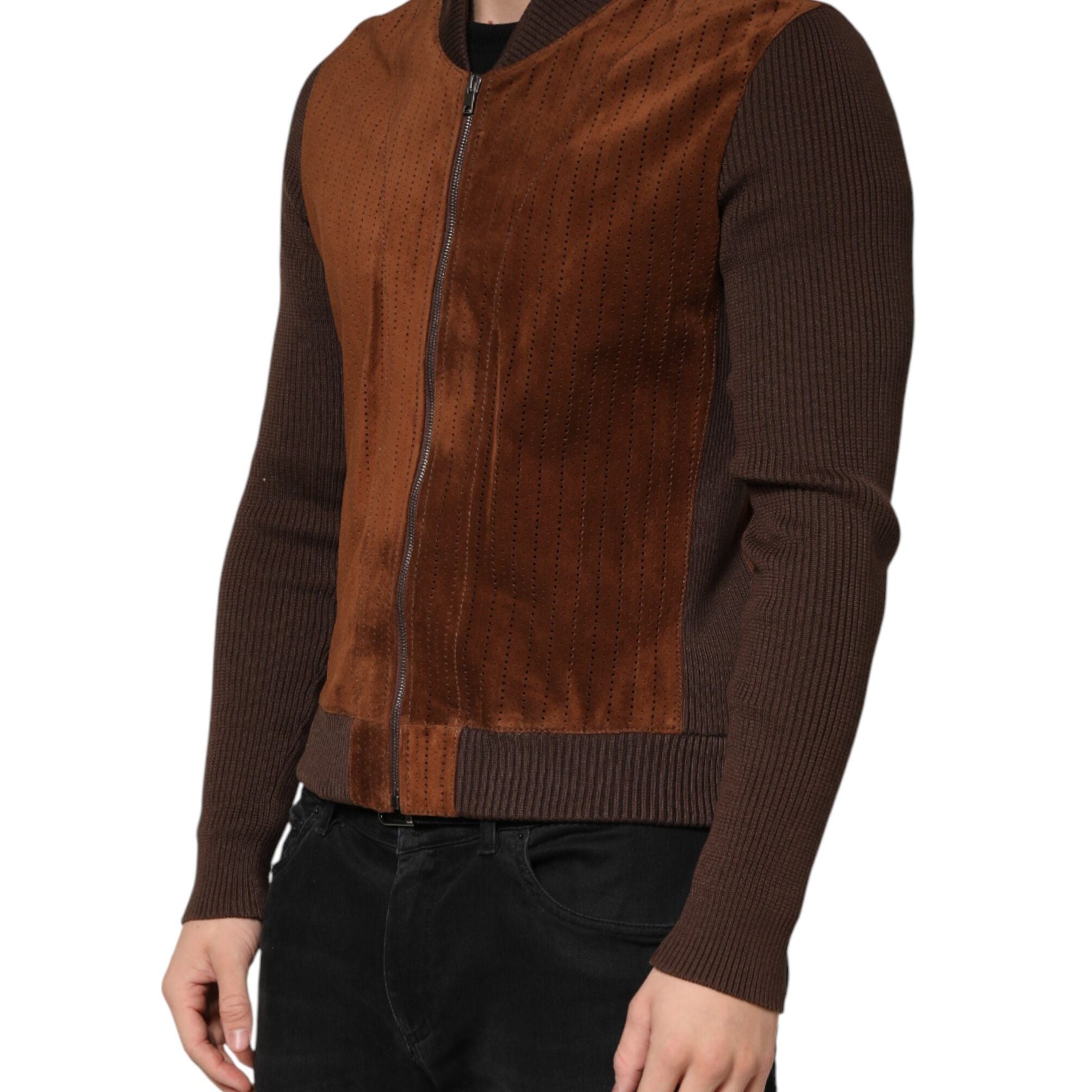 Dolce & Gabbana Brown Velvet Calfskin Full Zip Biker Jacket