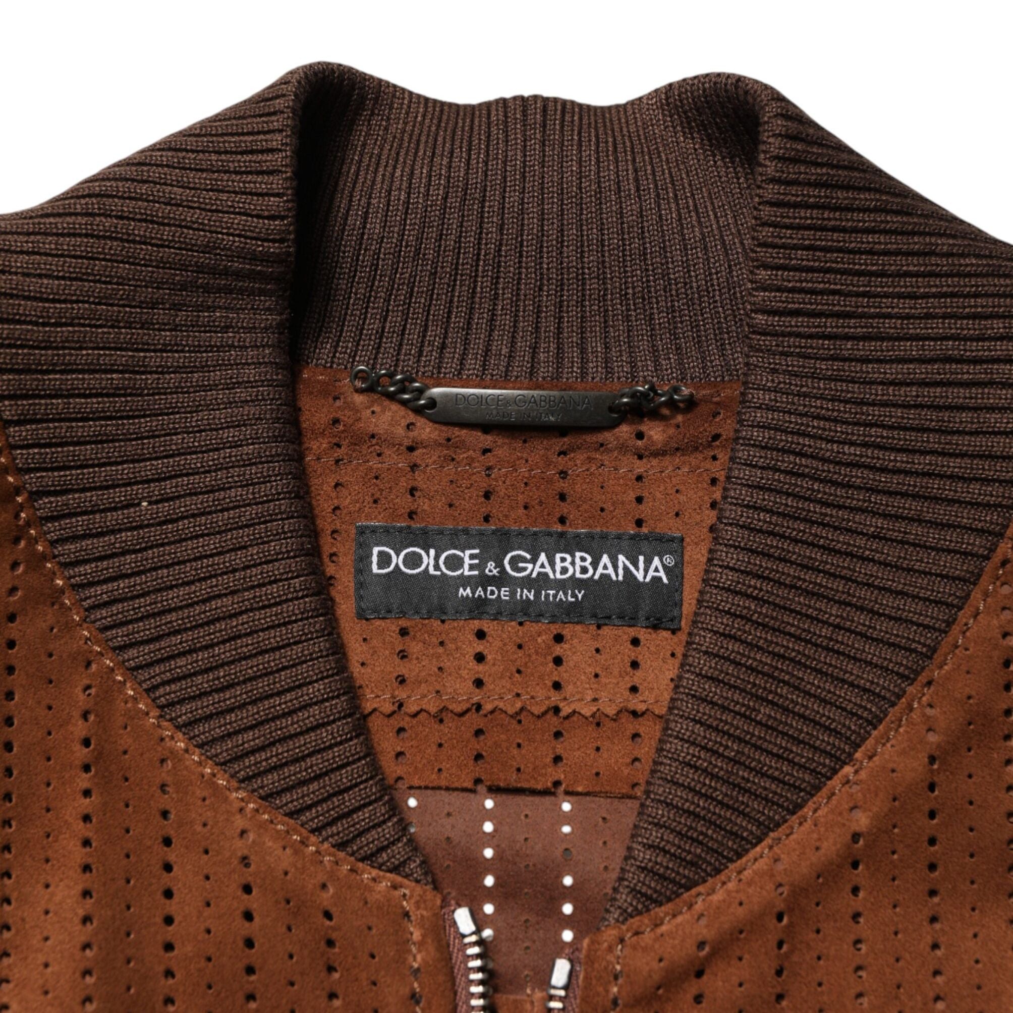 Dolce & Gabbana Brown Velvet Calfskin Full Zip Biker Jacket