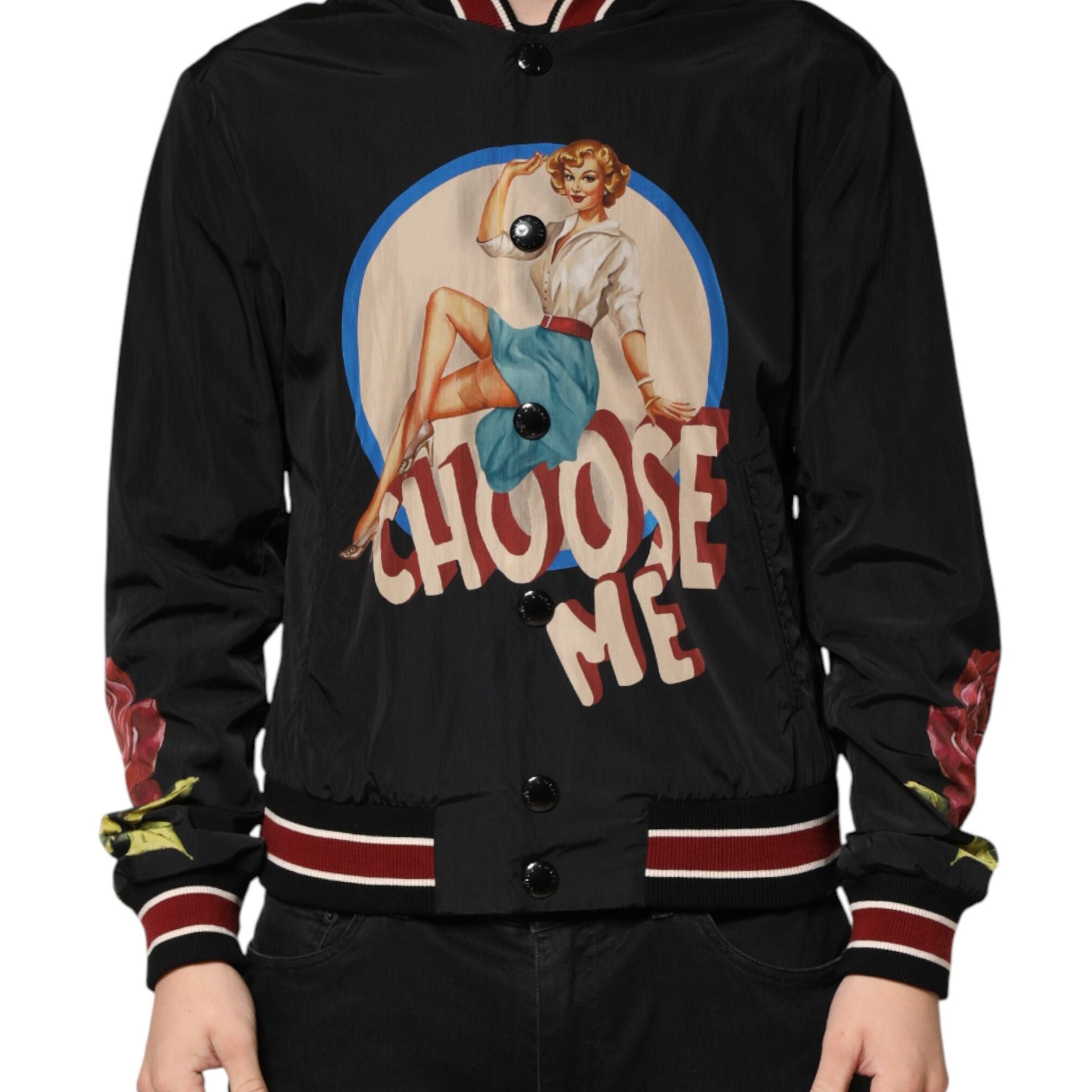 Dolce & Gabbana Black Pin Up Button Down Men Bomber Jacket