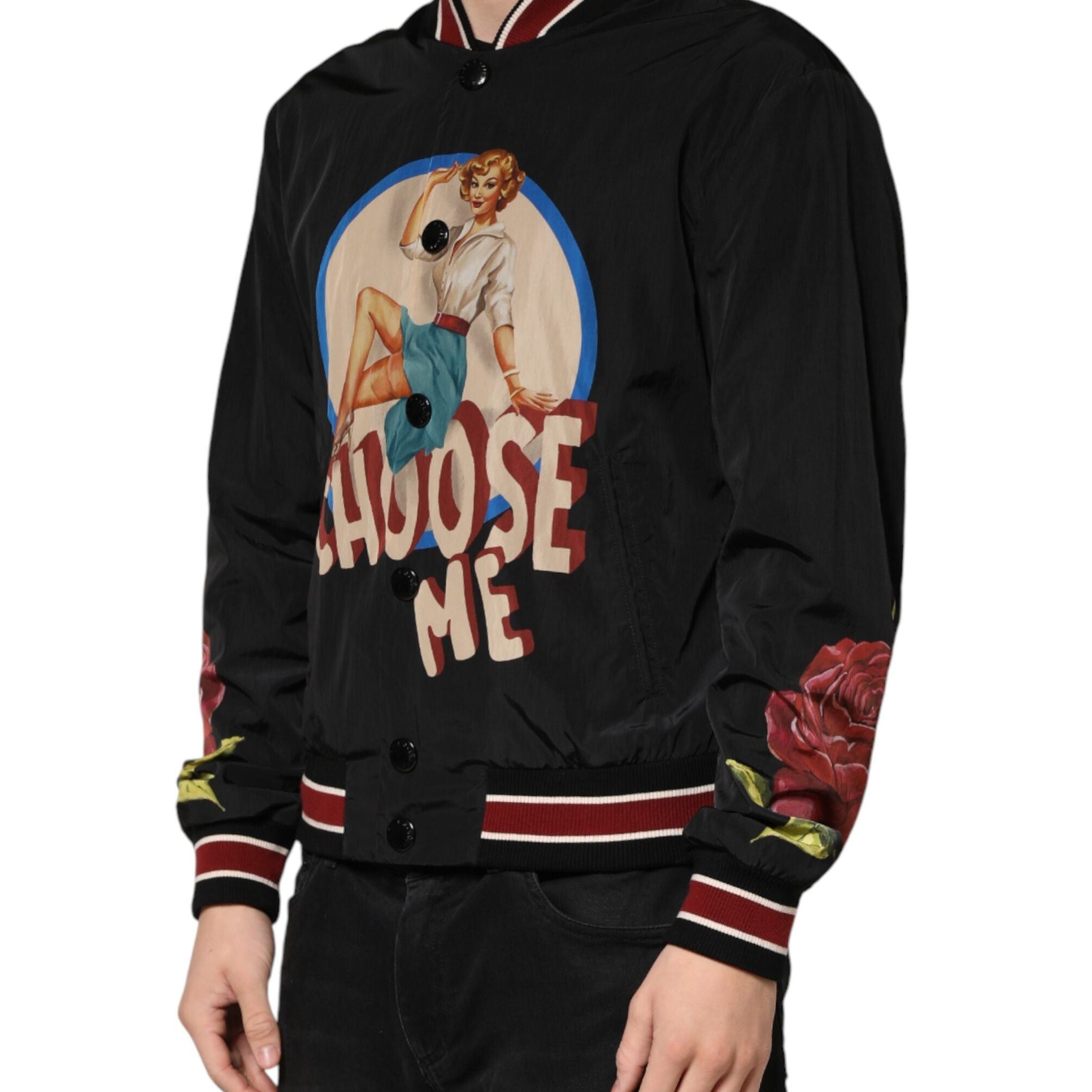 Dolce & Gabbana Black Pin Up Button Down Men Bomber Jacket